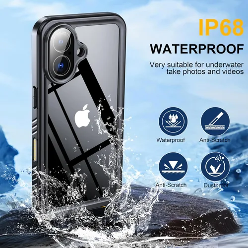 Vista 2 de ANTSHARE Funda impermeable IP68 para iPhone 16, negro/transparente Lente incorporada/protector de pantalla, protección militar contra caídas, funda