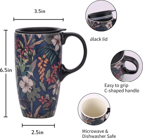 Vista 9 de DUSVALLY Juego de 2 tazas de viaje de cerámica con tapas, juego de tazas florales grandes de 17 onzas con asas, aptas para microondas