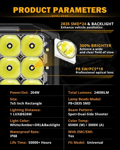 Vista 4 de Auxbeam Serie V-MAX 204W Luces LED de Conducción en Pod, Luz de Proyección Rectangular de 7 Pulgadas para Todo Terreno con DRL Ámbar y Luz Trasera