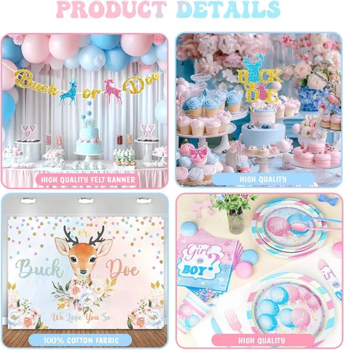 Vista 3 de Buck or Doe - Decoraciones de revelación de género, suministros de revelación de género rosa y azul para niño o niña, telón de fondo, pancarta