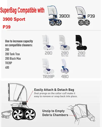 Vista 2 de ATIE 3900 Sport P39 Limpiador de piscina de doble cámara multiusos SuperBag 39-310 con cremallera Enlosure Reemplazo compatible con 3900 Sport y P39