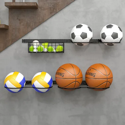 Vista 5 de Estante de baloncesto de 8 niveles desmontable montado en la pared, soporte vertical/horizontal para fútbol, sostiene 14 pelotas, soporte de fútbol