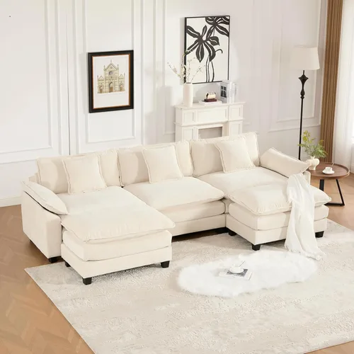Vista 252 de Sofá seccional modular beige de 117.3", sofás seccionales grandes de 3 plazas para sala de estar, sofá nube oversized de tela chenille con otomana
