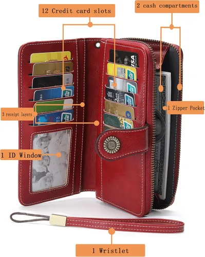 Vista 3 de Billetera de cuero para mujer, de gran capacidad, con cremallera, cartera con cremallera para mujer, 1-licor rojo, Moderno