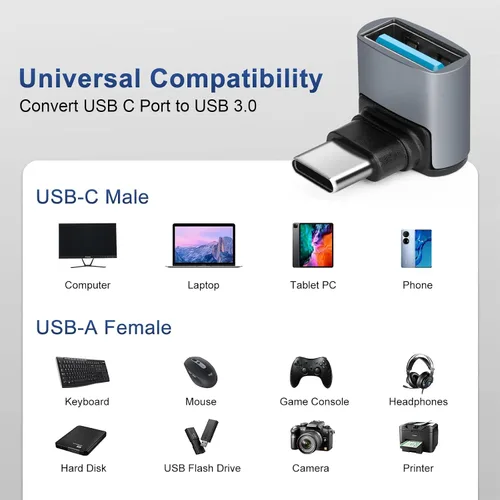 Vista 2 de Adaptador USB C a USB 3.1 OTG de 90 grados (paquete de 2), adaptador USBC tipo C macho a USB hembra, transferencia de datos 10G para smartphone