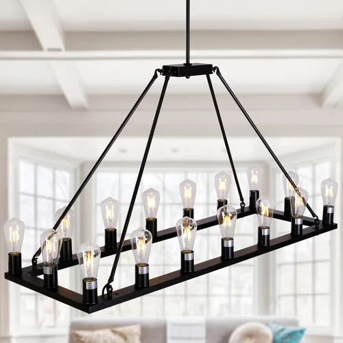 Vista 9 de Candelabro rectangular de metal para isla de cocina, estilo rústico, antiguo, industrial, lámpara colgante para comedor, cafetería, pasillo