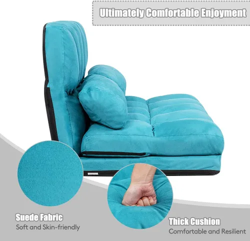 Vista 7 de S AFSTAR Safstar Sofá plegable y futón de suelo, sofá cama de tela de 6 posiciones con 2 almohadas y relleno de esponja, sofá perezoso ajustable Azul