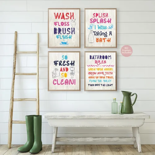 Vista 4 de Juego de póster de baño Rainbow Kids – Arte de reglas divertidas, 8 x 10 pulgadas, decoración para niñas y niños pequeños