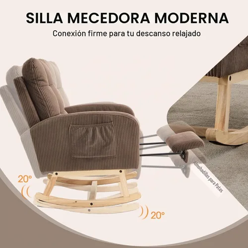 Vista 5 de NIOIIKIT Mecedora para guardería, mecedora tapizada de pana con reposapiés ajustable, silla mecedora copetuda con bolsillo lateral, mecedora café