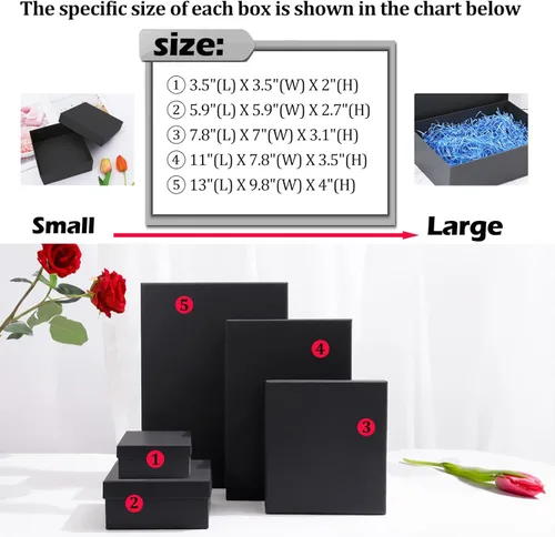 Vista 3 de Giftilious Cajas de regalo negras, un juego de 5 cajas de regalo con tapas para regalos, cajas preenvueltas para regalos, caja de regalo resistente
