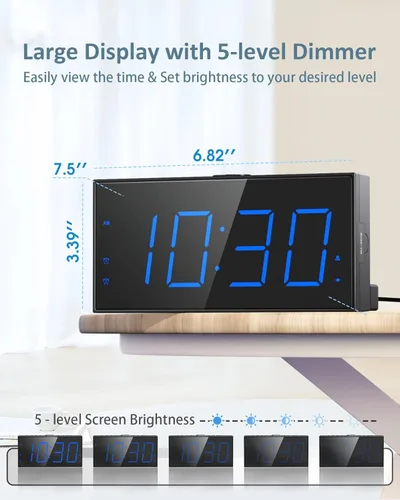 Vista 4 de Reloj despertador súper fuerte con agitador de cama, reloj despertador vibratorio para personas que duermen con problemas auditivos y adolescentes