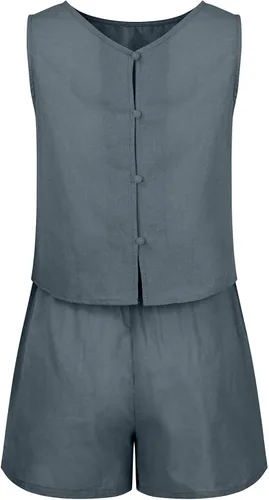 Vista 4 de Conjunto de 2 piezas para mujer, de verano, corto, sin mangas, con botones y pantalones cortos de cintura alta con bolsillos