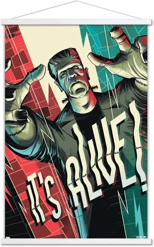 Vista 20 de Frankenstein - Póster de pared It's Alive by César Moreno, 22.4 pulgadas de largo x 14.7 pulgadas de ancho, versión enmarcada en madera de granero