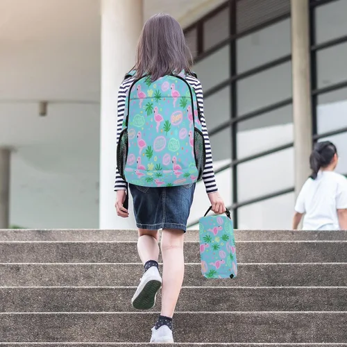 Vista 6 de Verano Flamingo Rosa Azul Mochila Para La Escuela Con Bolsa De Almuerzo Bolsa Con Lonchera Para Niñas 9-10 años Mochilas Y Loncheras Escuelas Para