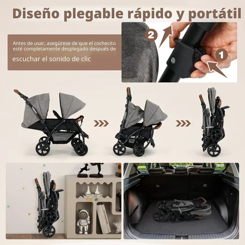Vista 7 de INFANS Cochecito doble, cochecito plegable en tándem para bebé con respaldo ajustable, reposapiés de dosel, arnés de 5 puntos, canasta de Gris claro