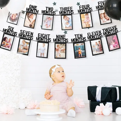 Vista 5 de Whaline Cartel de fotos de bebé de primer cumpleaños para recién nacidos a 12 meses, guirnalda de fotos de hitos mensuales, decoración de Negro