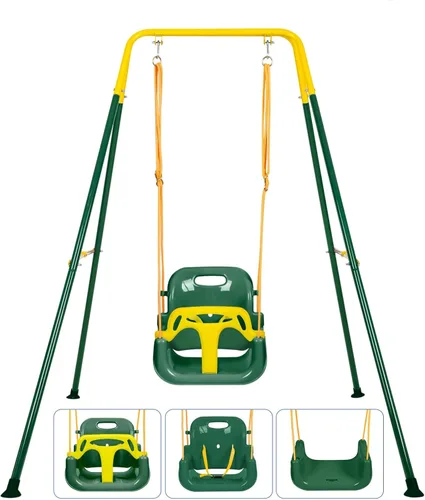 Vista 10 de Juego de columpios 3 en 1 para niños pequeños, juego de columpios para bebés con soporte plegable de metal para jugar al aire libre/interior, diseño
