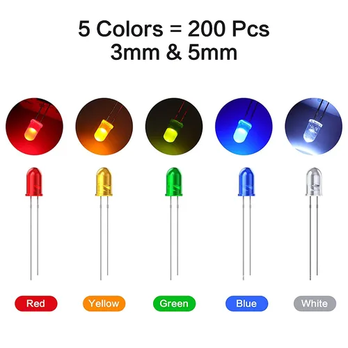 Vista 3 de Kit de 200 piezas de diodos LED de 3 mm y 5 mm, mini/pequeños/individuales, luz LED única, juego surtido de bombillas LED difusos verde