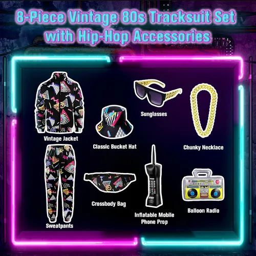 Vista 2 de Traje retro de los años 80 y 90 para hombre, 8 piezas, disfraz vintage de Halloween de los 80 para hombre, conjunto deportivo con accesorios