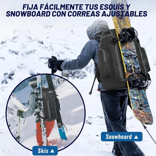 Vista 6 de Ski Boot Bag, 65L Durable Travel Backpack, 1680D Nylon Waterproof Snowboard Boot Bag, Skiing and Snowboarding Travel Luggage for Helmet, Goggles