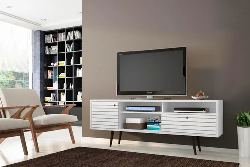 Vista 2 de Manhattan Comfort Liberty Collection - Soporte de TV moderno de mediados de siglo con un armario y dos estantes abiertos con patas abiertas, Madera
