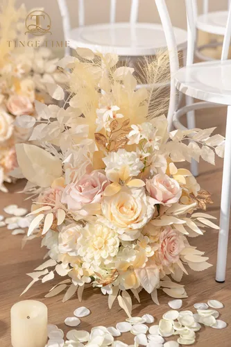 Vista 8 de TINGE TIME Juego de 2 flores artificiales de pie, centro de mesa con almohadilla de goma, flor falsa de seda para centro de mesa de boda, arco