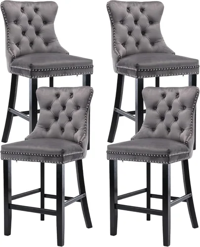 Vista 10 de Taburetes de bar tapizados de terciopelo modernos de 27 pulgadas con patas de madera, botón con cabeza de clavo cromada, taburetes de bar con Beige