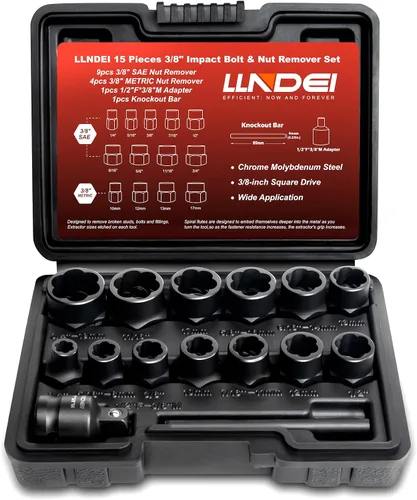 Vista 9 de LLNDEI Kit extractor de pernos, 15 piezas de extracción de tuercas peladas fáciles de sacar con accionamiento de 3/8 pulgadas, acero CR-MO