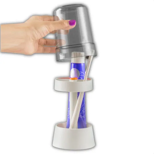 Vista 7 de El soporte para cepillos de dientes con taza/cubierta contiene 3 ranuras, compatible con cepillos de dientes convencionales, puede almacenar pasta
