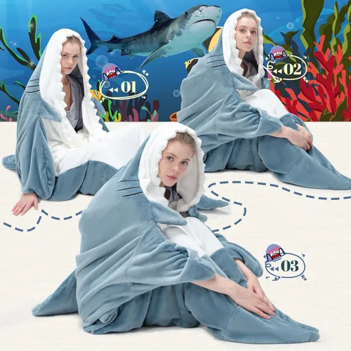 Vista 6 de Touchat Manta de Tiburón, Disfraz de Enterizo para Adulto, Manta Suave y Acogedora de Franela con Dibujos de Animales para Cosplay, Manta con Azul