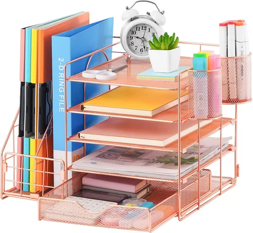Vista 18 de Marbrasse - Organizador de escritorio con soporte para archivos, organizador de bandejas para papel tamaño carta de 5 niveles con cajón y 2 soportes