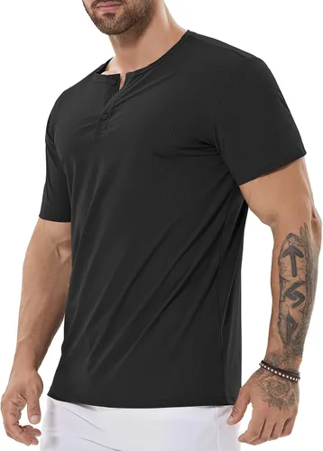 Vista 2 de Camisa Henley de ajuste seco para hombre, ropa de gimnasio, camiseta de entrenamiento de manga corta, camiseta atlética clásica y casual