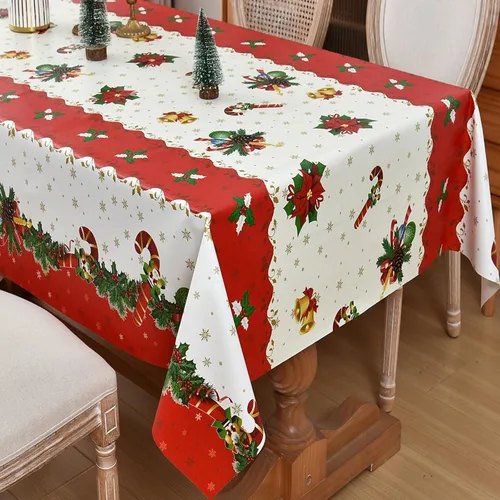Vista 9 de Mantel de Navidad de vinilo resistente rojo de 54x54 pulgadas, mantel rectangular de Navidad, mantel de PVC reutilizable, impermeable, plegable