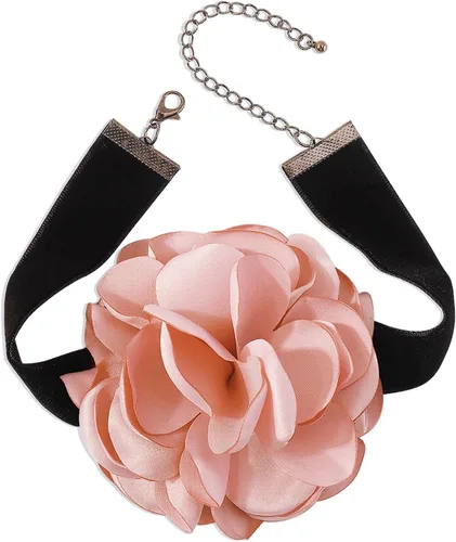Vista 5 de Gargantilla bohemia de terciopelo negro con flor de rosa púrpura 3D y collar floral de satén, collar de flores grandes exageradas para regalos