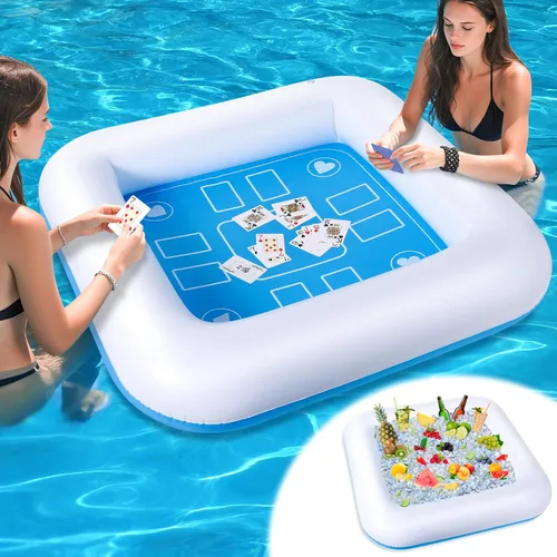 Vista 8 de Mesa de juego inflable para piscina con cartas impermeables (35.5 x 35.5 pulgadas, azul/blanco)