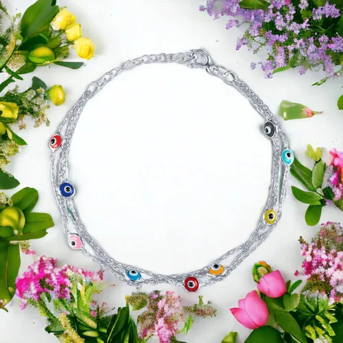 Vista 3 de Pulseras de plata de ley 925 con protección de cadena de triple capa, pulsera azul Ojo Turco para mujer, joyería bohemia delicada para mujer