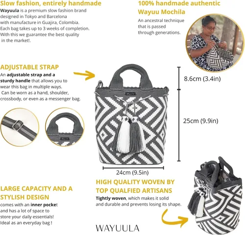 Vista 3 de Mochila colombiana Wayuu, 100 % auténtica, diseño minimalista bohemio, tejido a mano, ganchillo, bolsa cruzada para mujer, Marrón, beige, negro.