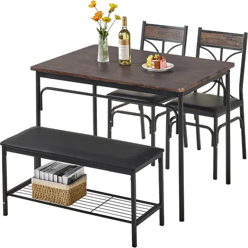 Vista 14 de VECELO Mesa de comedor de cocina con 2 sillas y banco, diseño compacto que ahorra espacio, marco de acero de fácil montaje, perfecta