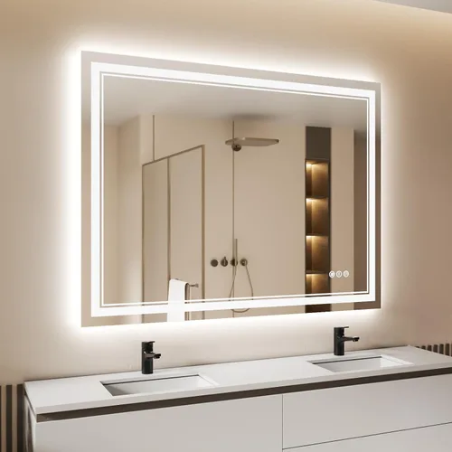 Vista 48 de Espejo de baño LED de 24 x 28 pulgadas, luz frontal y retroiluminada, antiniebla, regulable, espejo de tocador iluminado con memoria, espejo LED
