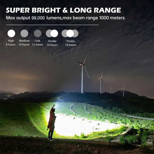 Vista 2 de Linternas recargables de 99,000 lúmenes, linterna LED súper brillante, altos lúmenes con cable USB, 5 modos, linterna impermeable, potente luz