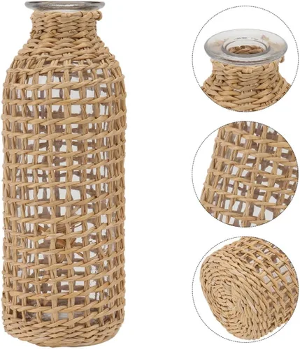 Vista 5 de DECHOUS Jarrón de vidrio de diseño tejido de hierba moderna para arreglo seco decoración del hogar caqui 1pc