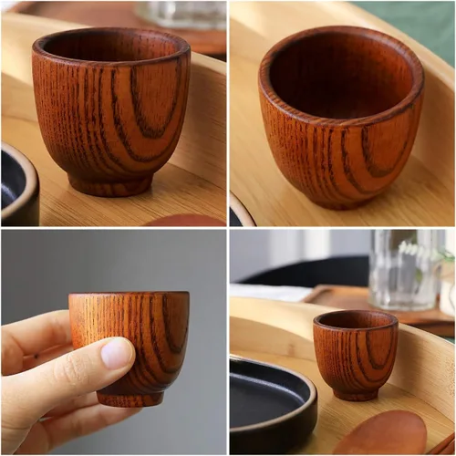 Vista 4 de Vasos de chupito de madera con caja de regalo – Juego de tazas de sake de madera hechas a mano para té, soju, licor y camping – Taza de madera