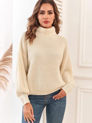 Vista 7 de Suéter de manga larga tipo farol de cuello alto para mujer, de punto gofre, de gran