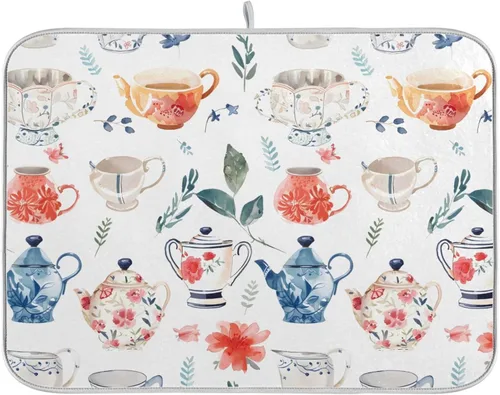Vista 16 de Linda alfombrilla de secado de platos con hongos y plantas silvestres para encimera de cocina, almohadilla absorbente de microfibra, mediana 16x18