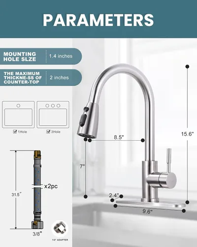 Vista 6 de WOWOW Grifo de cocina con rociador, grifo de fregadero de cocina, acero inoxidable SUS 304, grifo de cocina de níquel cepillado de arco alto