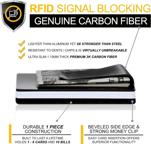 Vista 5 de Fidelo Cartera minimalista para hombres RFID de fibra de carbono delgado viaje dinero clip tarjeta de crédito titular