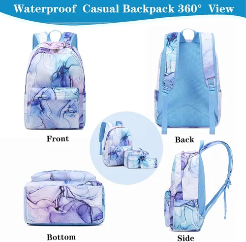 Vista 4 de Dafelile Mochilas escolares para niños y niñas, mochila para escuela primaria, mochilas para niños y niñas, resistentes al agua, azul Marble