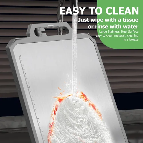 Vista 7 de FYNIX Tabla de cortar de acero inoxidable con labio, tabla de cortar grande reversible con afilador de cuchillos, ranura para jugos, resistente al