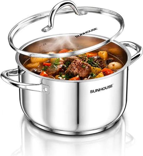 Vista 13 de SUNHOUSE - Olla de acero inoxidable de tres capas de 3.4 cuartos de galón, olla de cocina de pasta con tapa visible para sopa, verduras, utensilios