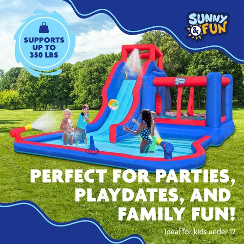 Vista 5 de Sunny & Fun Parque acuático inflable 2 en 1 Bounce & Blast - Resistente para diversión al aire libre - Pared de escalada, tobogán, gorila, túnel